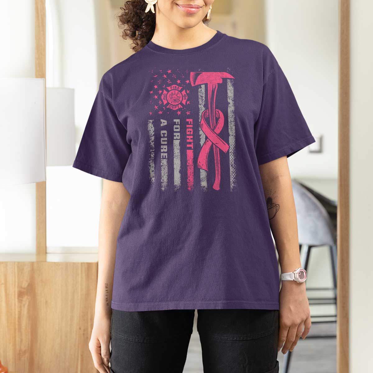 Firefighter Breast Cancer Awareness T Shirt For Women Fight For A Cure American Flag - Wonder Print Shop
