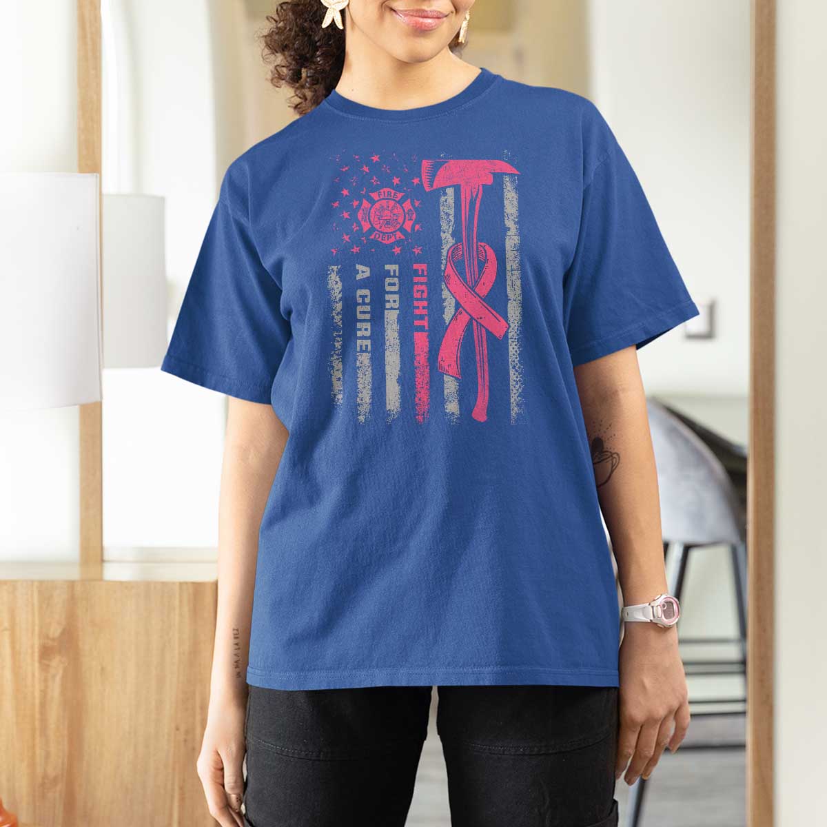 Firefighter Breast Cancer Awareness T Shirt For Women Fight For A Cure American Flag - Wonder Print Shop