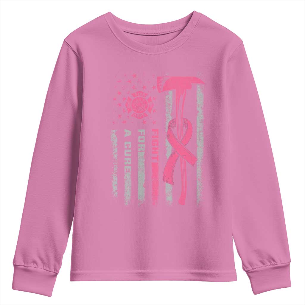Firefighter Breast Cancer Awareness Youth Sweatshirt Fight For A Cure American Flag - Wonder Print Shop