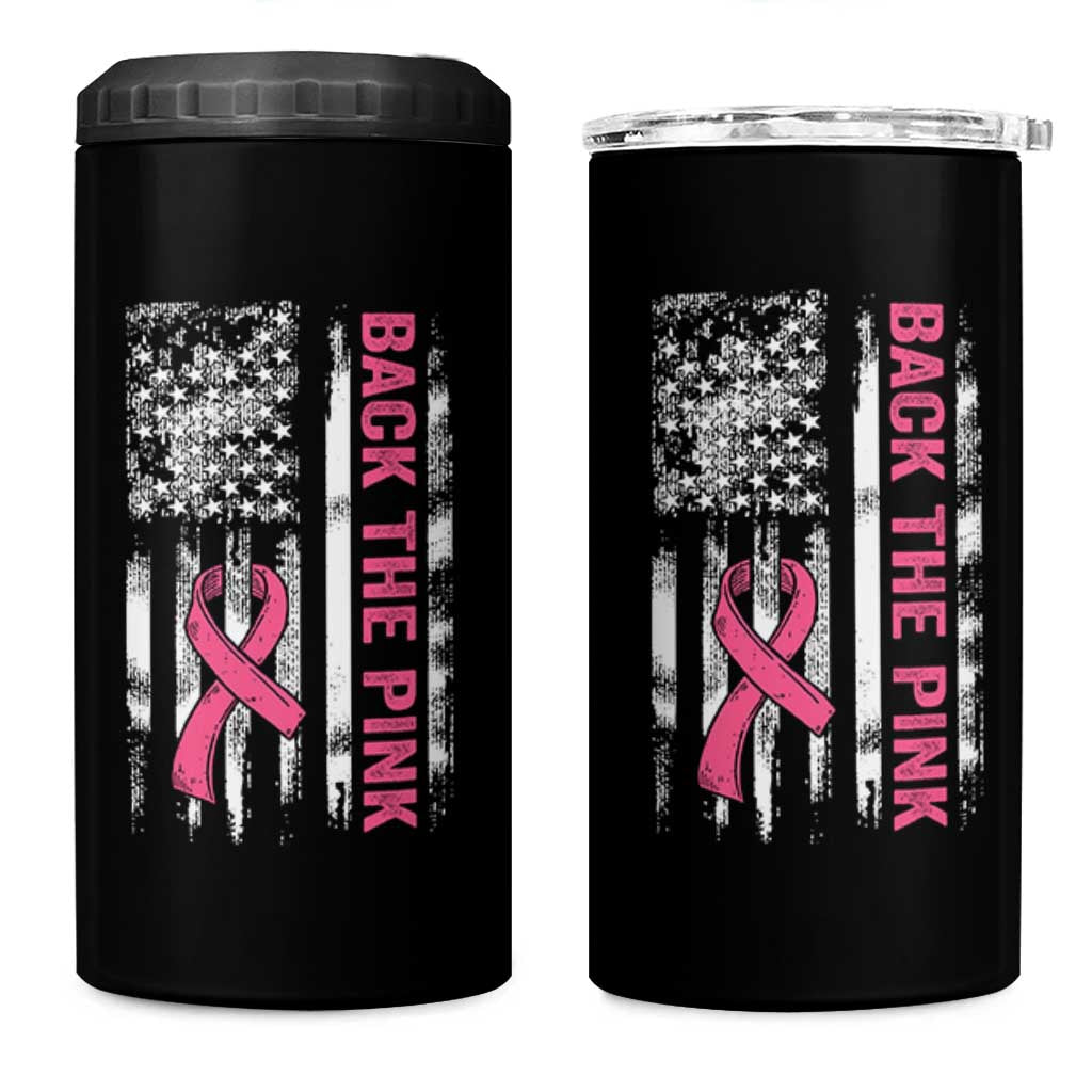 Back The Pink Ribbon Breast Cancer Awareness 4 in 1 Can Cooler Tumbler American Flag - Wonder Print Shop