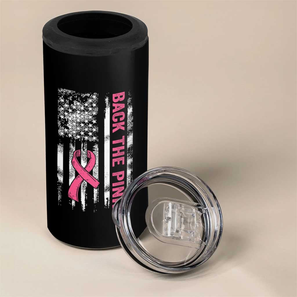 Back The Pink Ribbon Breast Cancer Awareness 4 in 1 Can Cooler Tumbler American Flag - Wonder Print Shop