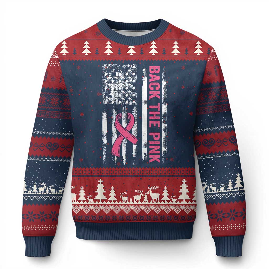 Back The Pink Ribbon Breast Cancer Awareness Ugly Christmas Sweater American Flag - Wonder Print Shop