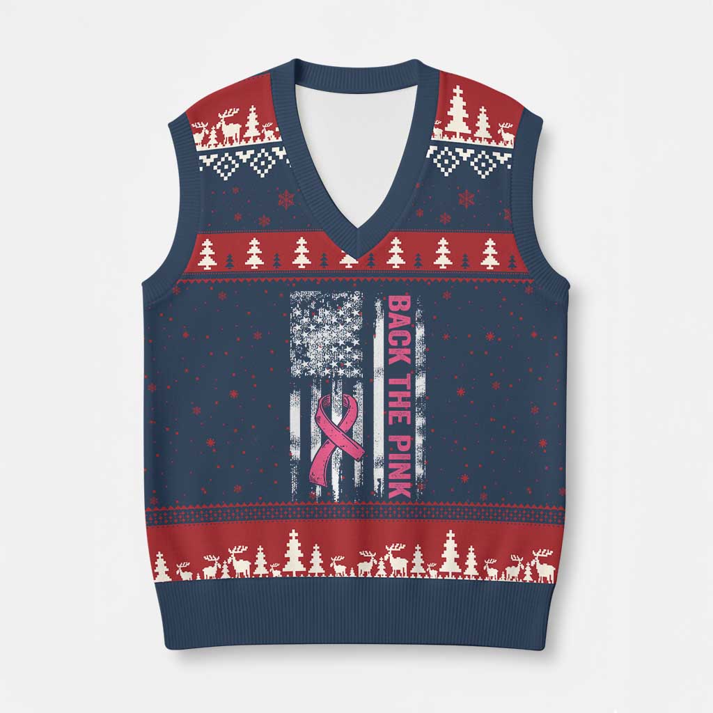 Back The Pink Ribbon Breast Cancer Awareness V-Neck Knit Sweater Vest American Flag - Wonder Print Shop