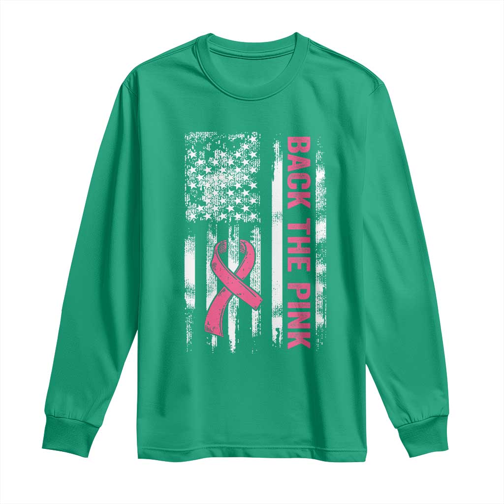 Back The Pink Ribbon Breast Cancer Awareness Long Sleeve Shirt American Flag - Wonder Print Shop