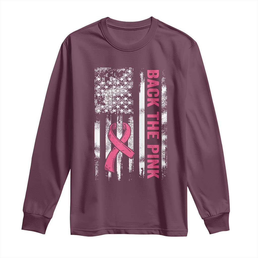 Back The Pink Ribbon Breast Cancer Awareness Long Sleeve Shirt American Flag - Wonder Print Shop