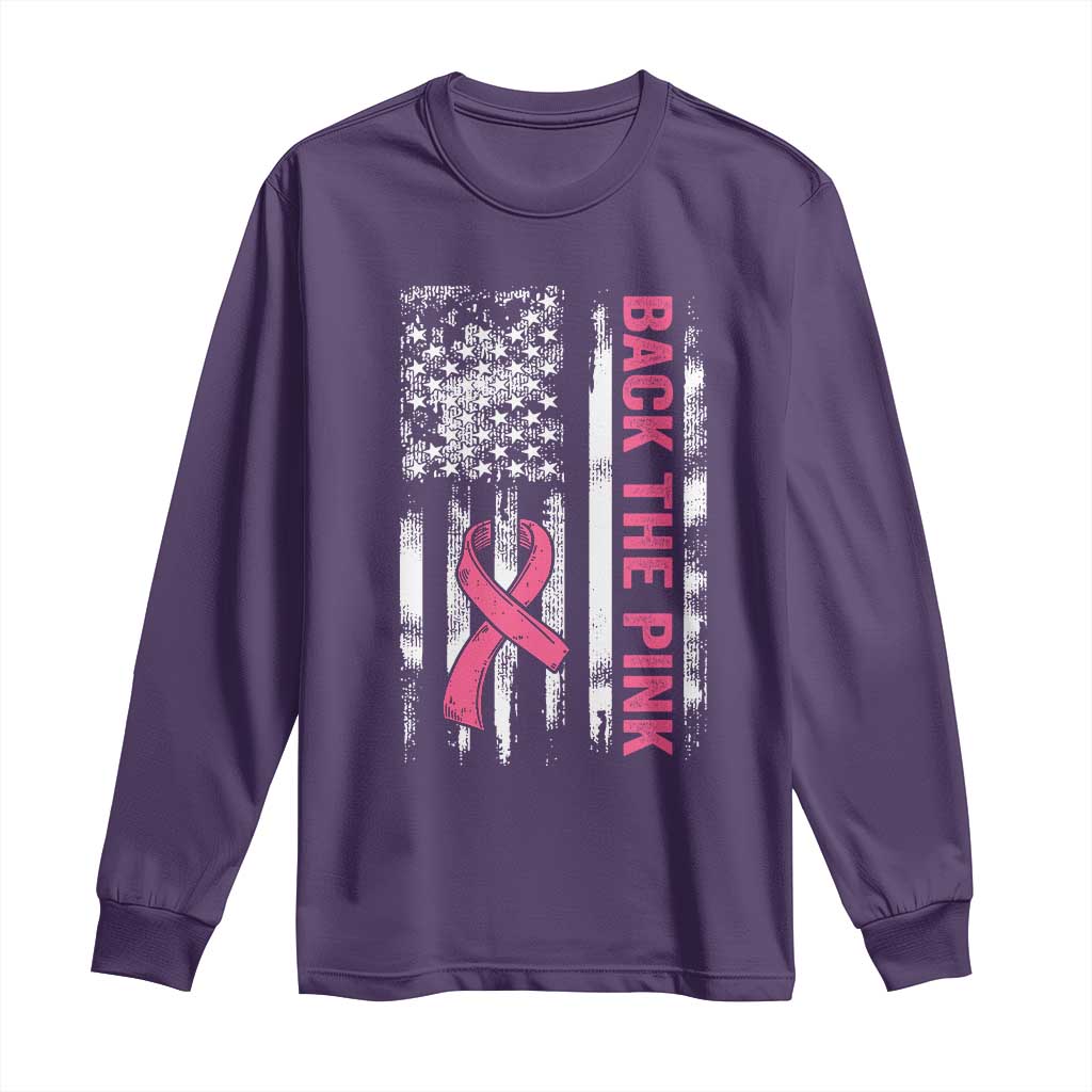 Back The Pink Ribbon Breast Cancer Awareness Long Sleeve Shirt American Flag - Wonder Print Shop