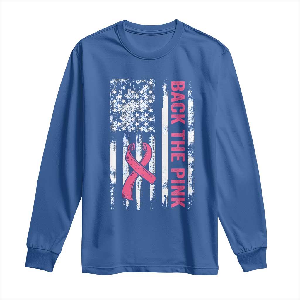 Back The Pink Ribbon Breast Cancer Awareness Long Sleeve Shirt American Flag - Wonder Print Shop