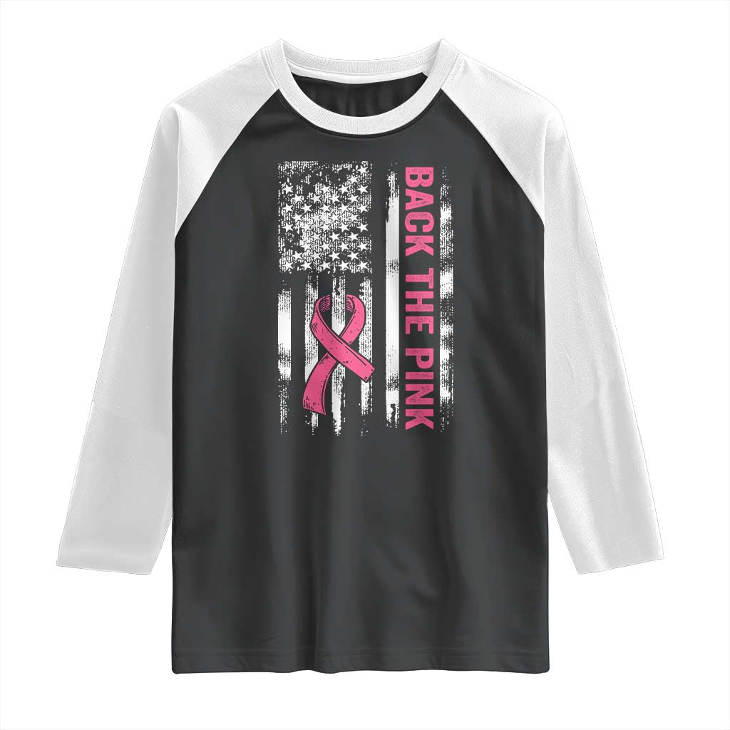 Back The Pink Ribbon Breast Cancer Awareness Raglan Shirt American Flag - Wonder Print Shop