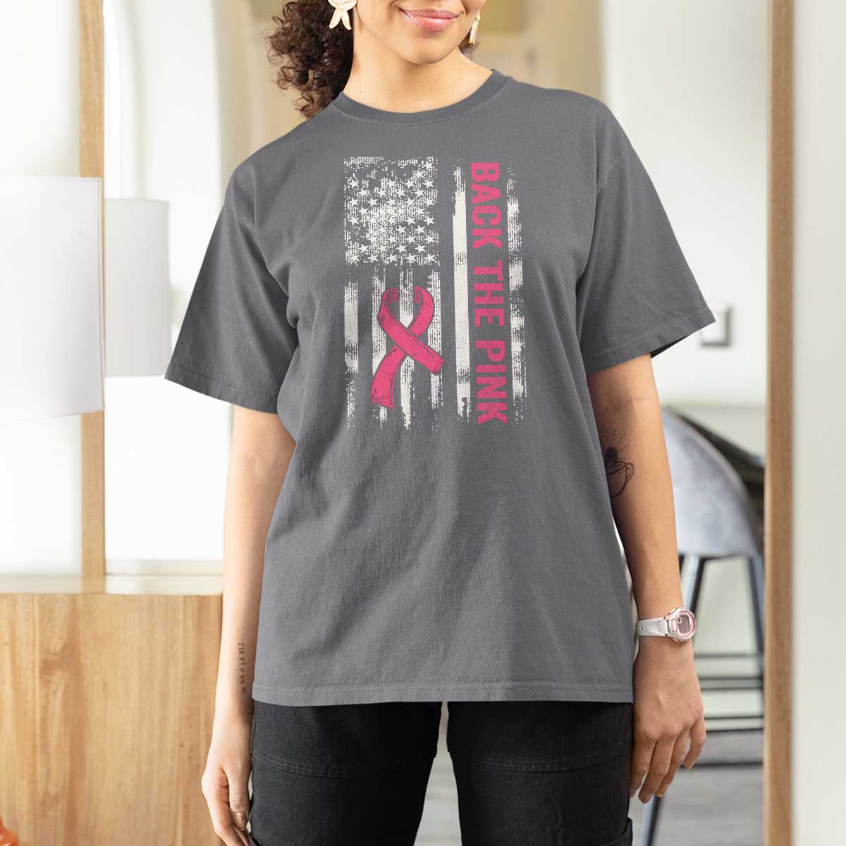 Back The Pink Ribbon Breast Cancer Awareness T Shirt For Women American Flag - Wonder Print Shop