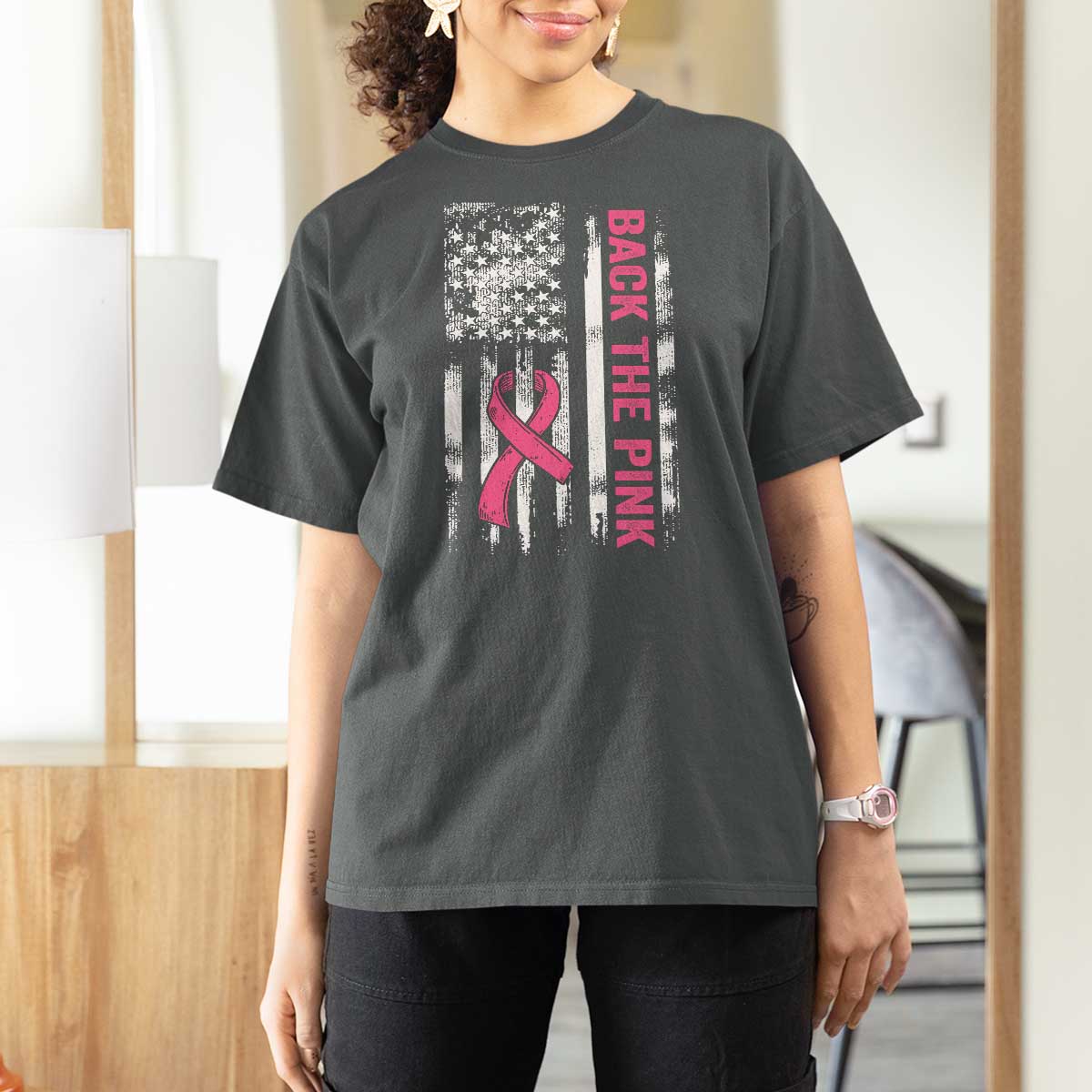 Back The Pink Ribbon Breast Cancer Awareness T Shirt For Women American Flag - Wonder Print Shop