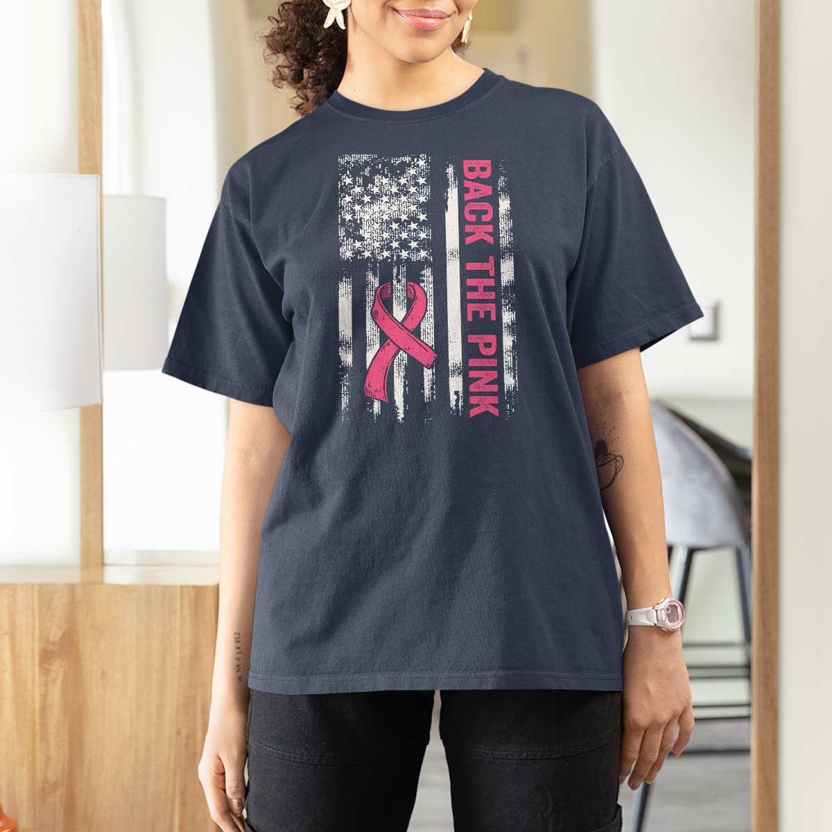 Back The Pink Ribbon Breast Cancer Awareness T Shirt For Women American Flag - Wonder Print Shop