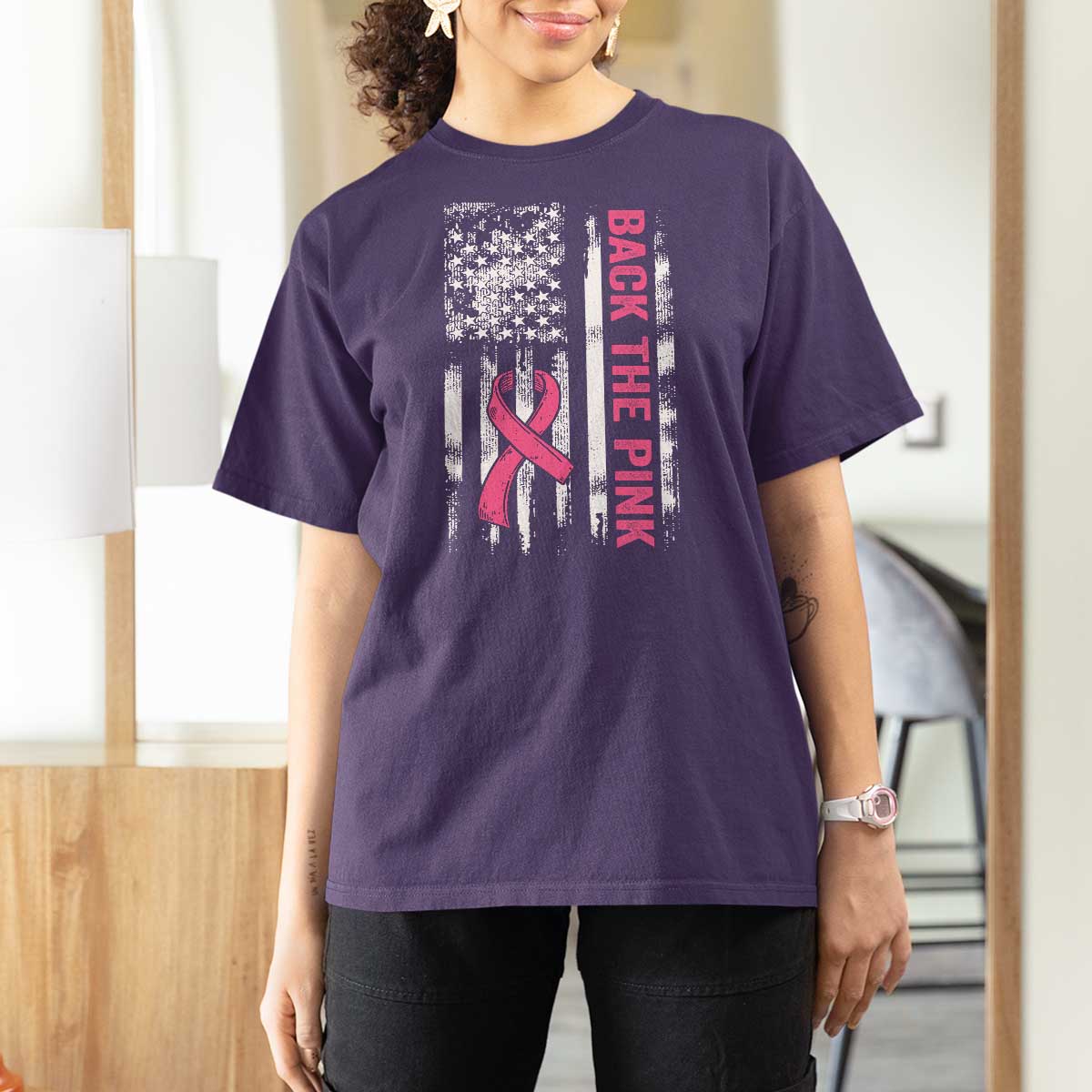 Back The Pink Ribbon Breast Cancer Awareness T Shirt For Women American Flag - Wonder Print Shop