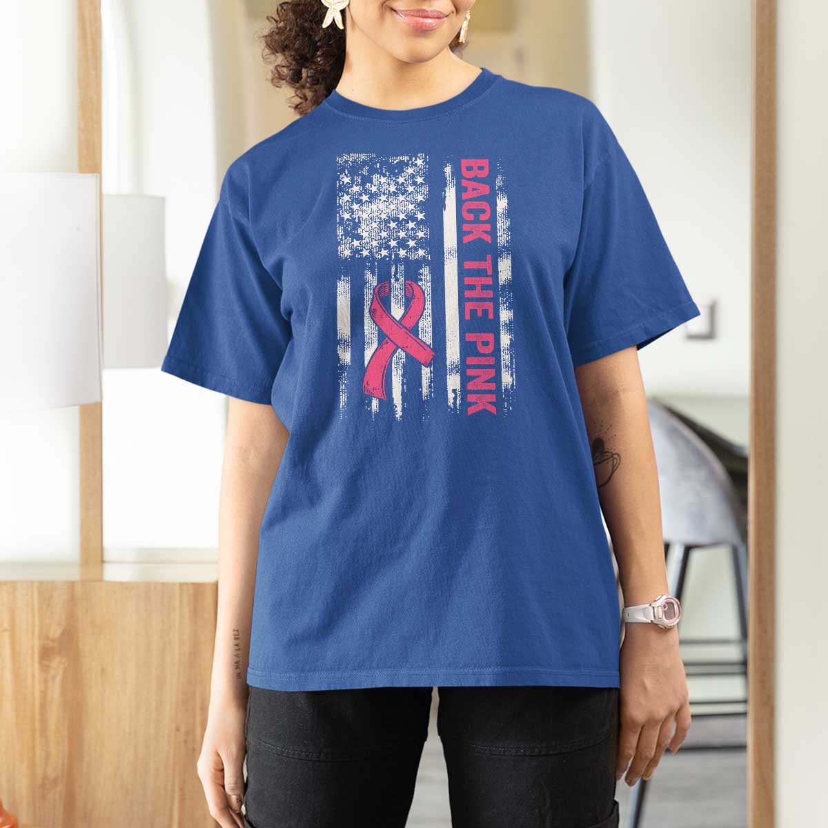 Back The Pink Ribbon Breast Cancer Awareness T Shirt For Women American Flag - Wonder Print Shop