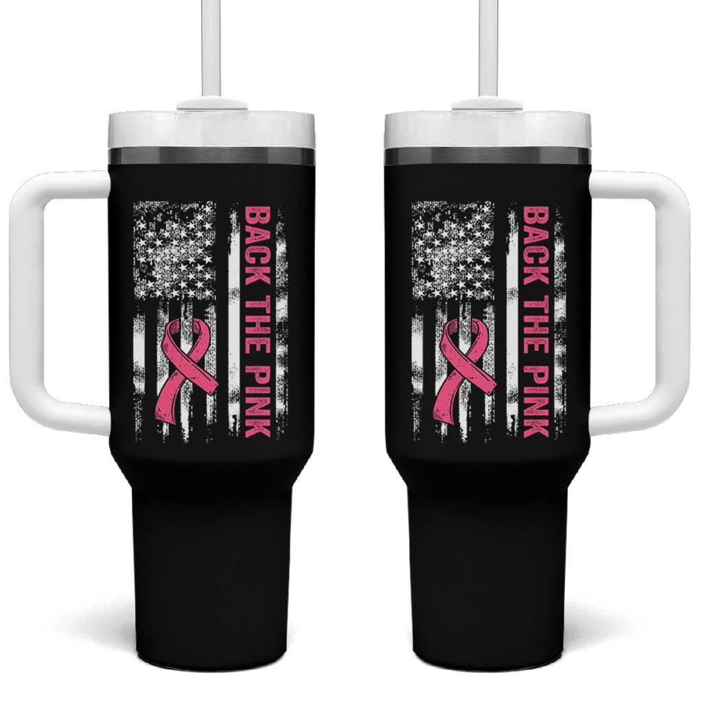 Back The Pink Ribbon Breast Cancer Awareness Tumbler With Handle American Flag - Wonder Print Shop