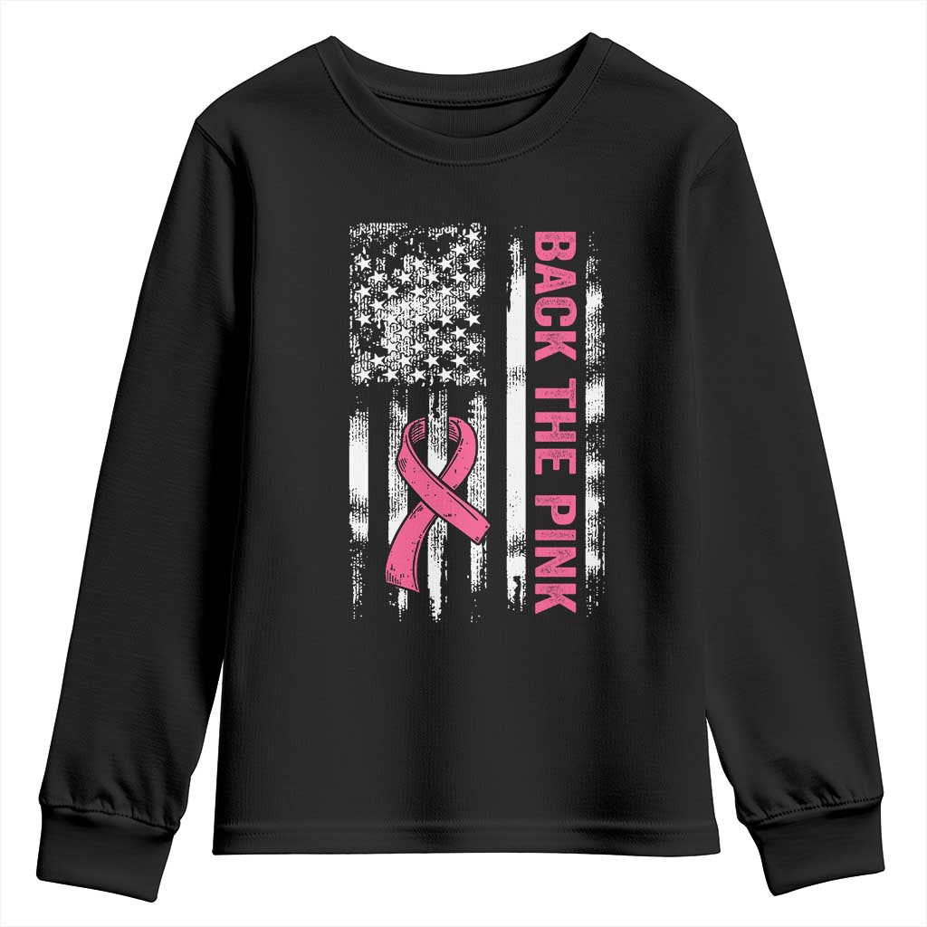 Back The Pink Ribbon Breast Cancer Awareness Youth Sweatshirt American Flag - Wonder Print Shop