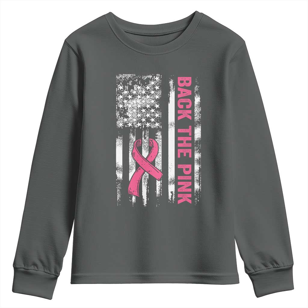 Back The Pink Ribbon Breast Cancer Awareness Youth Sweatshirt American Flag - Wonder Print Shop
