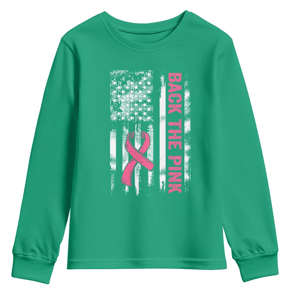 Back The Pink Ribbon Breast Cancer Awareness Youth Sweatshirt American Flag - Wonder Print Shop