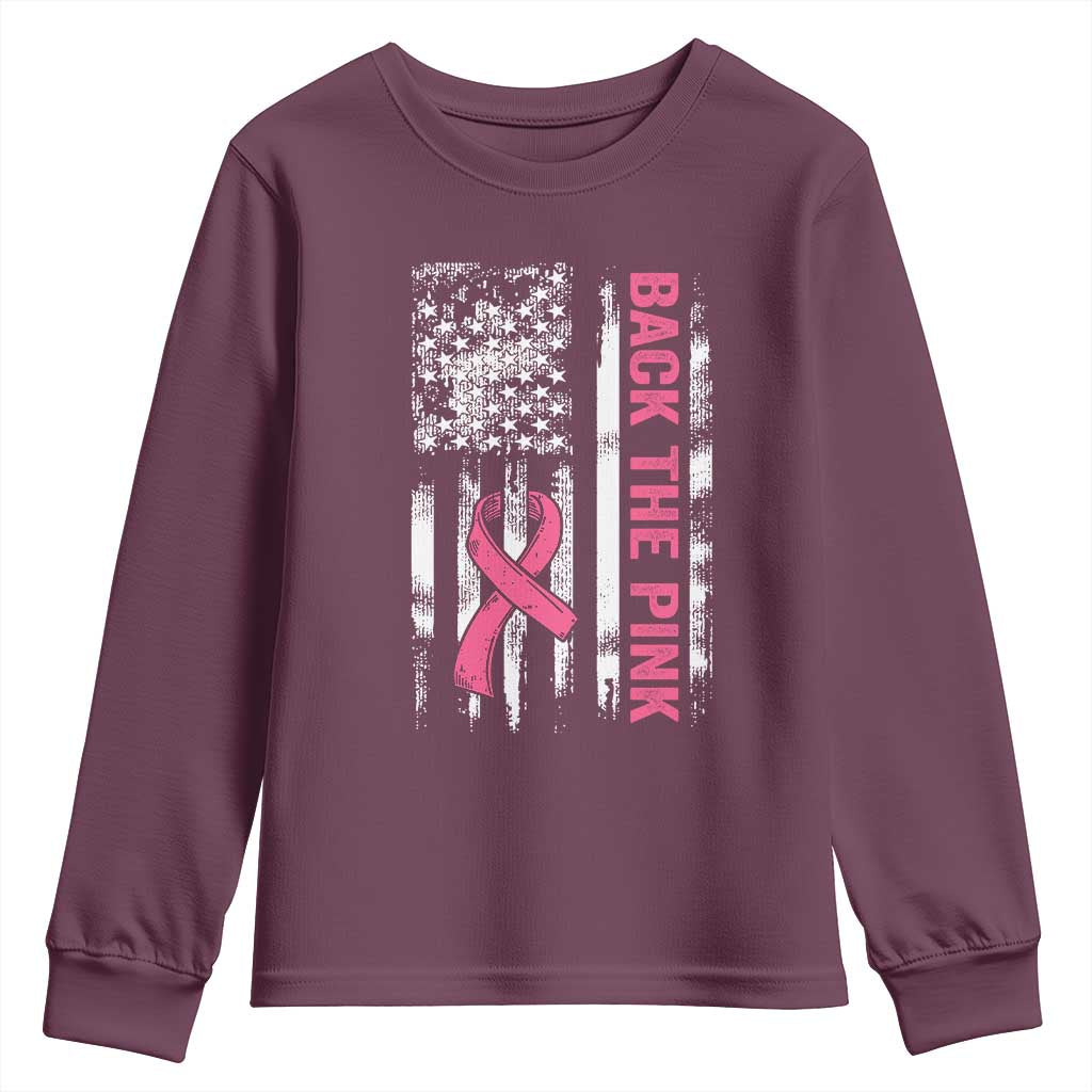 Back The Pink Ribbon Breast Cancer Awareness Youth Sweatshirt American Flag - Wonder Print Shop