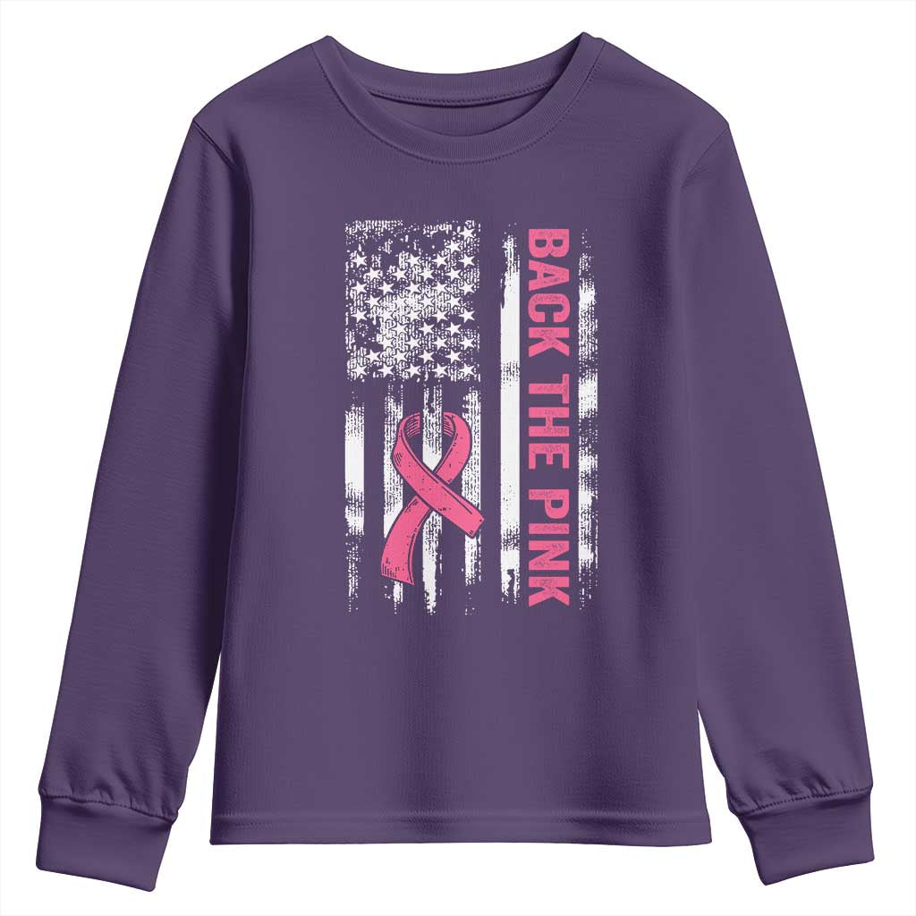 Back The Pink Ribbon Breast Cancer Awareness Youth Sweatshirt American Flag - Wonder Print Shop