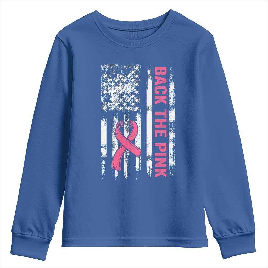 Back The Pink Ribbon Breast Cancer Awareness Youth Sweatshirt American Flag - Wonder Print Shop