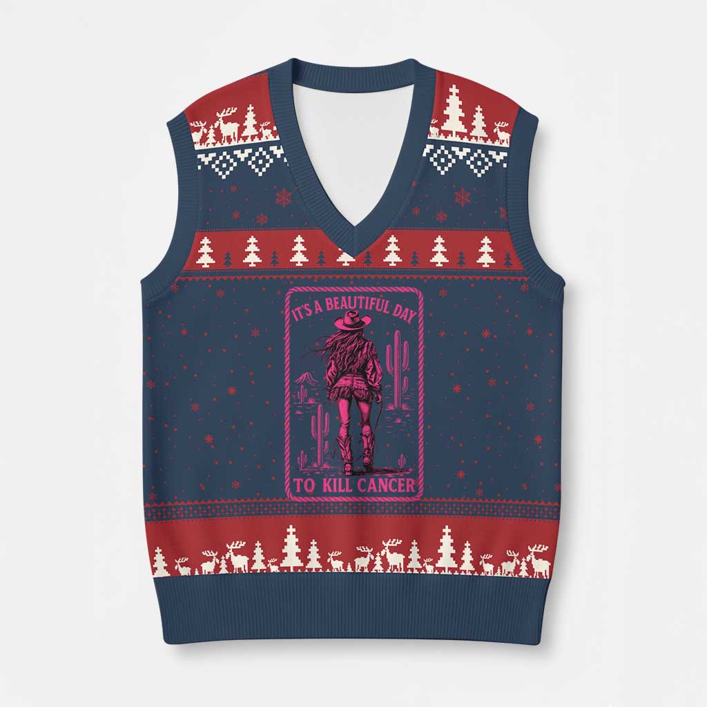 Cowgirl Breast Cancer V-Neck Knit Sweater Vest Beautiful Day To Kill Cancer Vintage Western Pink - Wonder Print Shop
