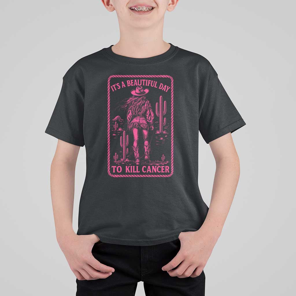 Cowgirl Breast Cancer T Shirt For Kid Beautiful Day To Kill Cancer Vintage Western Pink - Wonder Print Shop