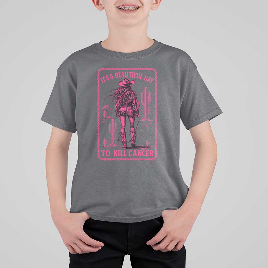 Cowgirl Breast Cancer T Shirt For Kid Beautiful Day To Kill Cancer Vintage Western Pink - Wonder Print Shop
