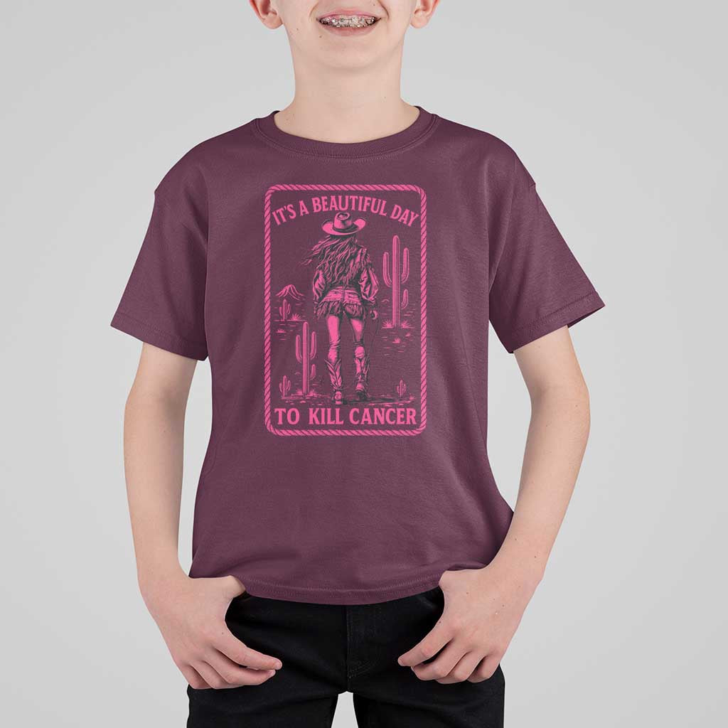 Cowgirl Breast Cancer T Shirt For Kid Beautiful Day To Kill Cancer Vintage Western Pink - Wonder Print Shop
