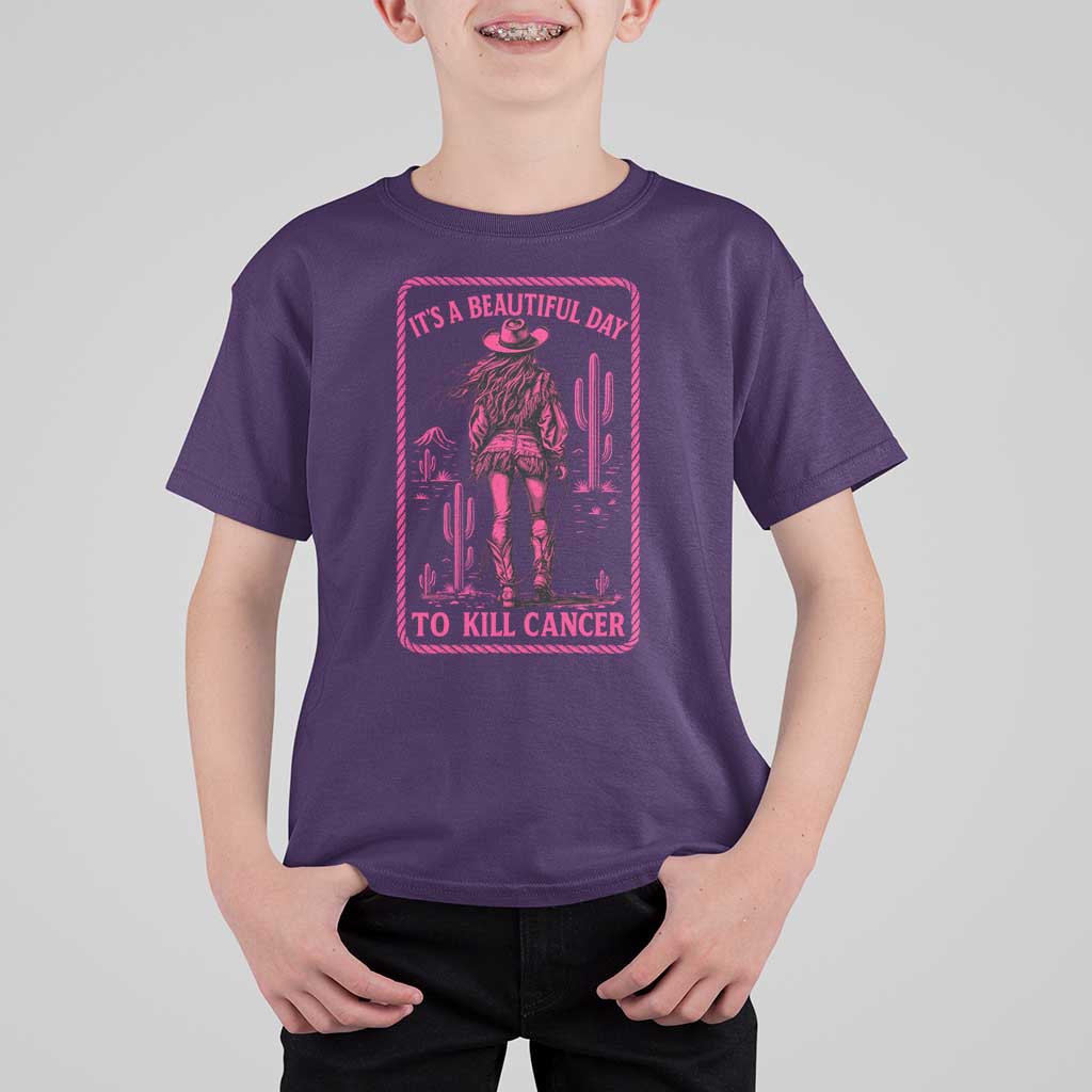 Cowgirl Breast Cancer T Shirt For Kid Beautiful Day To Kill Cancer Vintage Western Pink - Wonder Print Shop