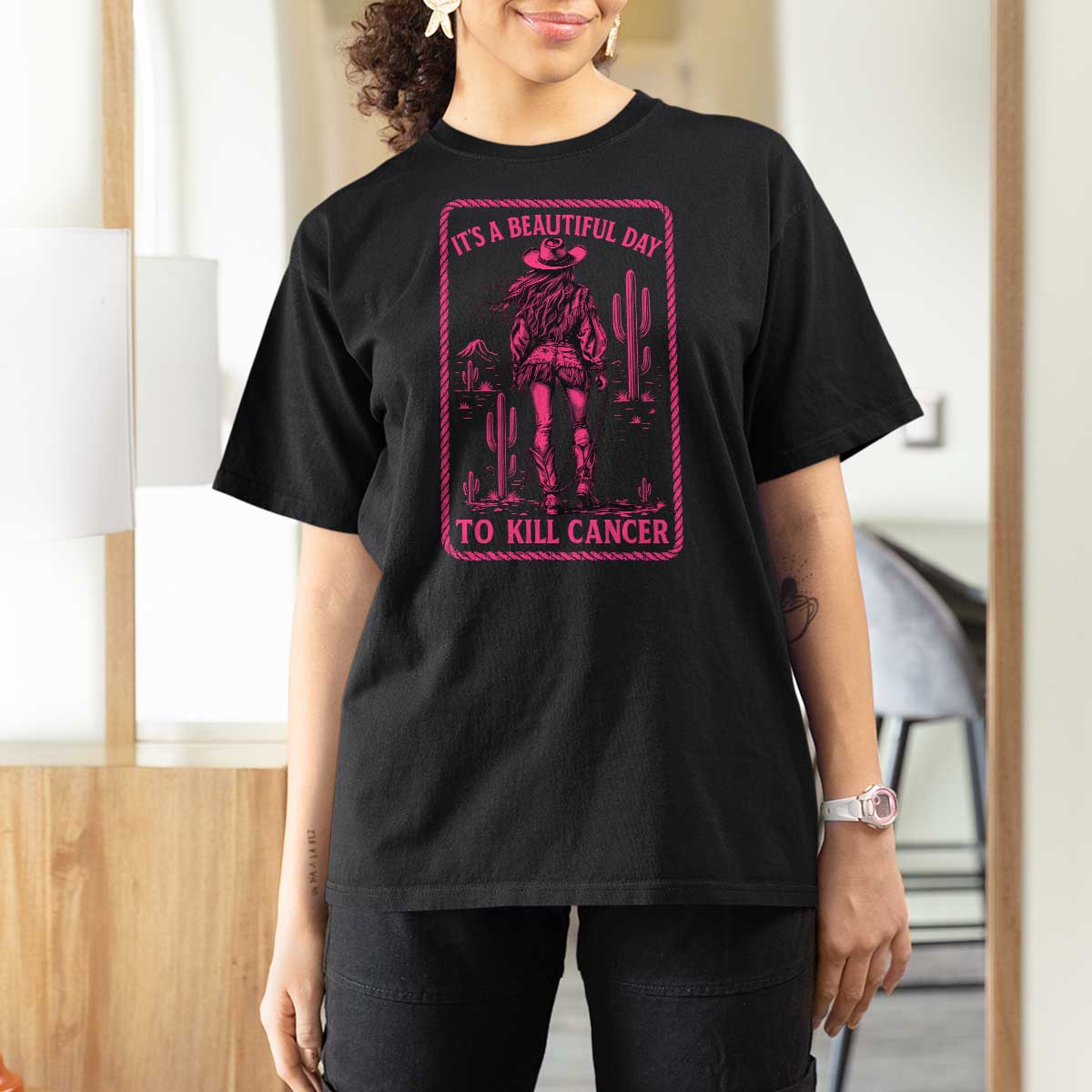 Cowgirl Breast Cancer T Shirt For Women Beautiful Day To Kill Cancer Vintage Western Pink - Wonder Print Shop