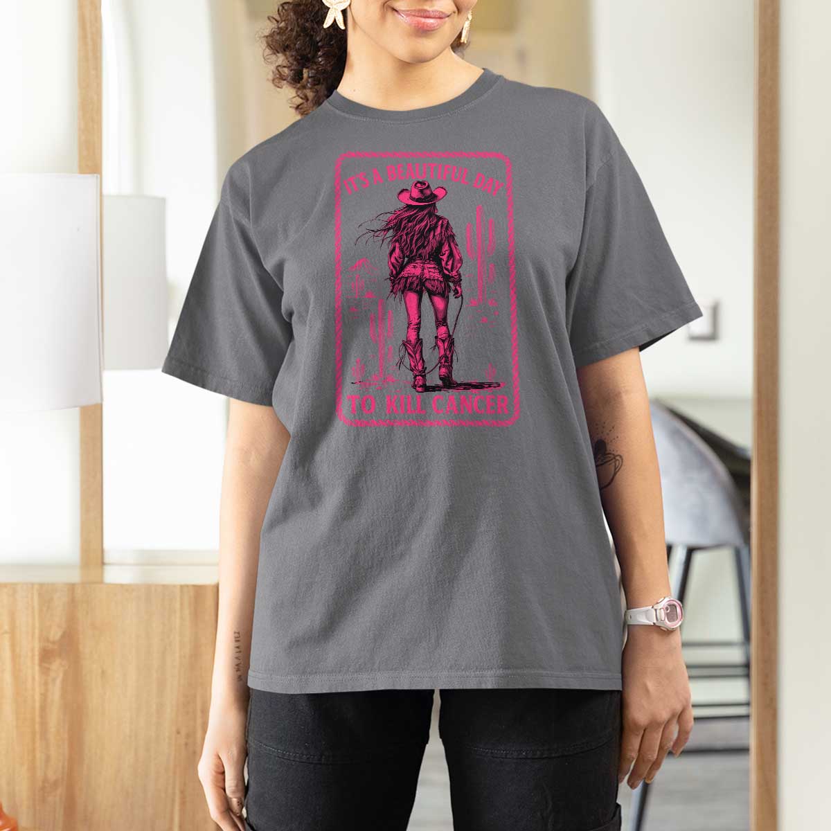 Cowgirl Breast Cancer T Shirt For Women Beautiful Day To Kill Cancer Vintage Western Pink - Wonder Print Shop