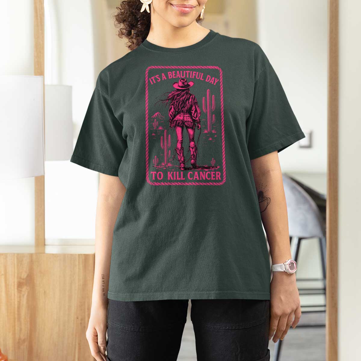 Cowgirl Breast Cancer T Shirt For Women Beautiful Day To Kill Cancer Vintage Western Pink - Wonder Print Shop