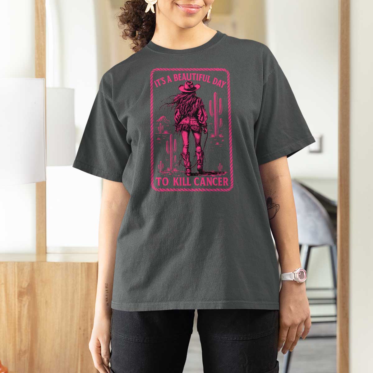 Cowgirl Breast Cancer T Shirt For Women Beautiful Day To Kill Cancer Vintage Western Pink - Wonder Print Shop
