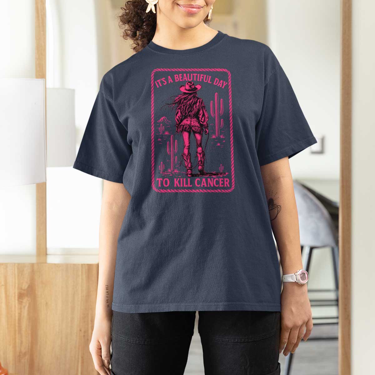 Cowgirl Breast Cancer T Shirt For Women Beautiful Day To Kill Cancer Vintage Western Pink - Wonder Print Shop