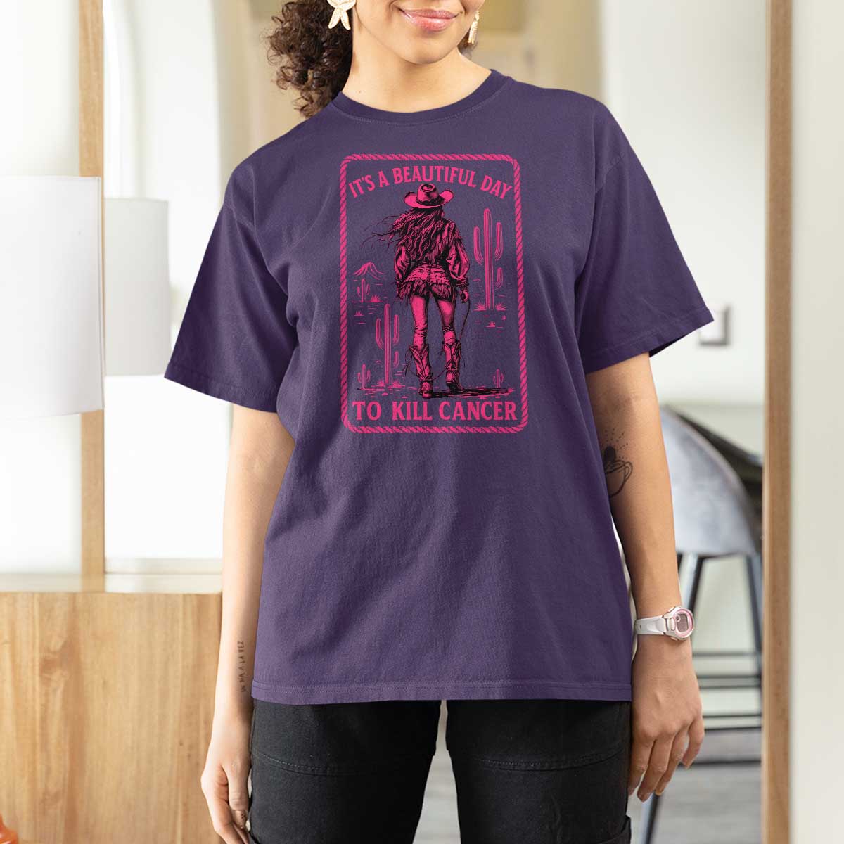 Cowgirl Breast Cancer T Shirt For Women Beautiful Day To Kill Cancer Vintage Western Pink - Wonder Print Shop