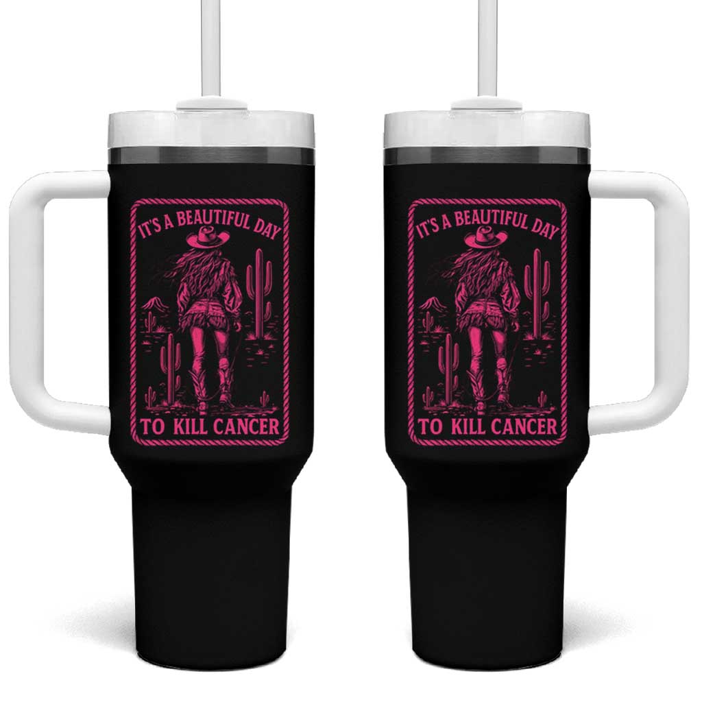 Cowgirl Breast Cancer Tumbler With Handle Beautiful Day To Kill Cancer Vintage Western Pink - Wonder Print Shop