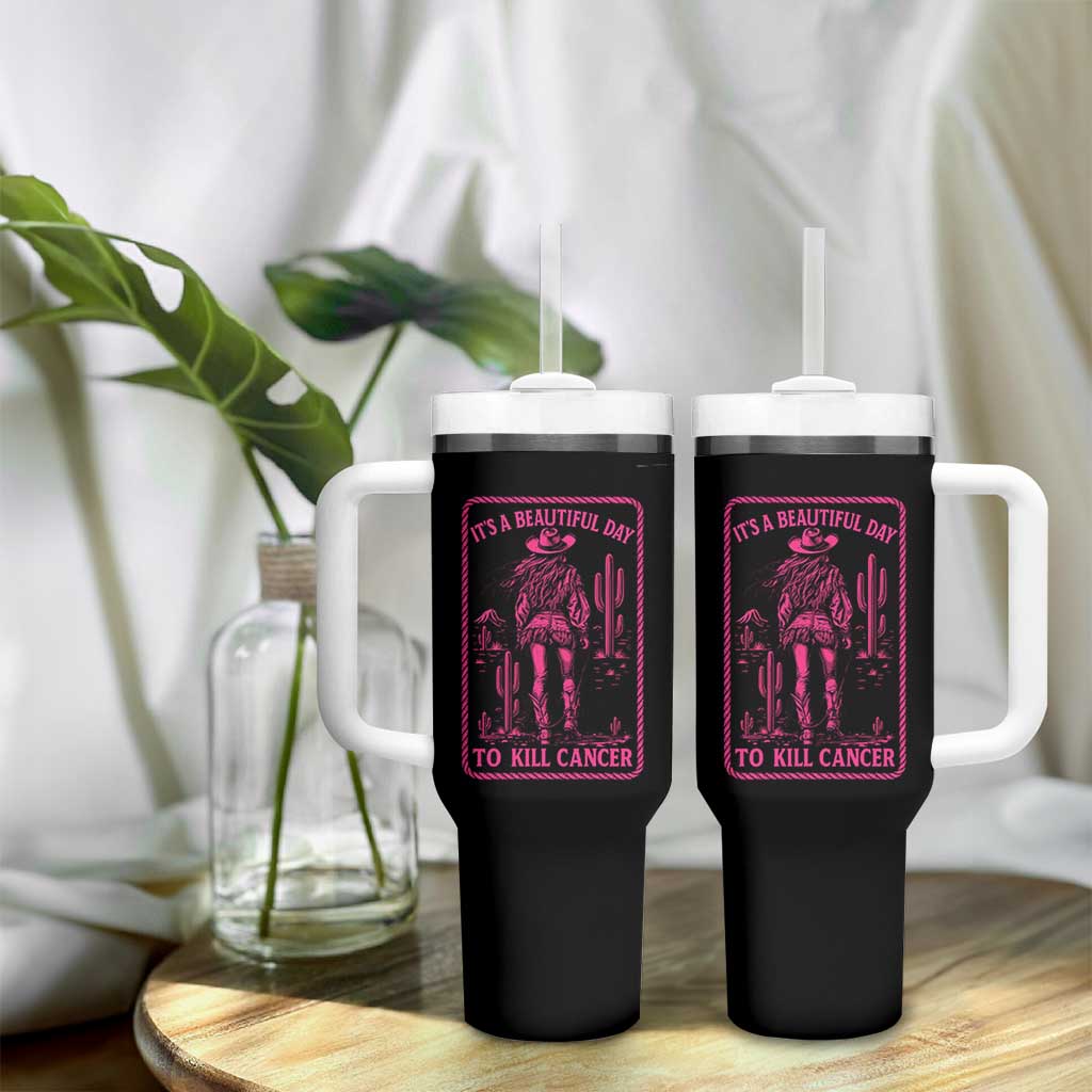 Cowgirl Breast Cancer Tumbler With Handle Beautiful Day To Kill Cancer Vintage Western Pink - Wonder Print Shop