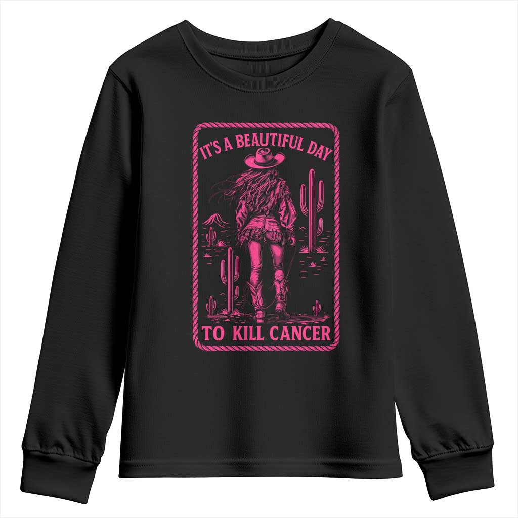 Cowgirl Breast Cancer Youth Sweatshirt Beautiful Day To Kill Cancer Vintage Western Pink - Wonder Print Shop
