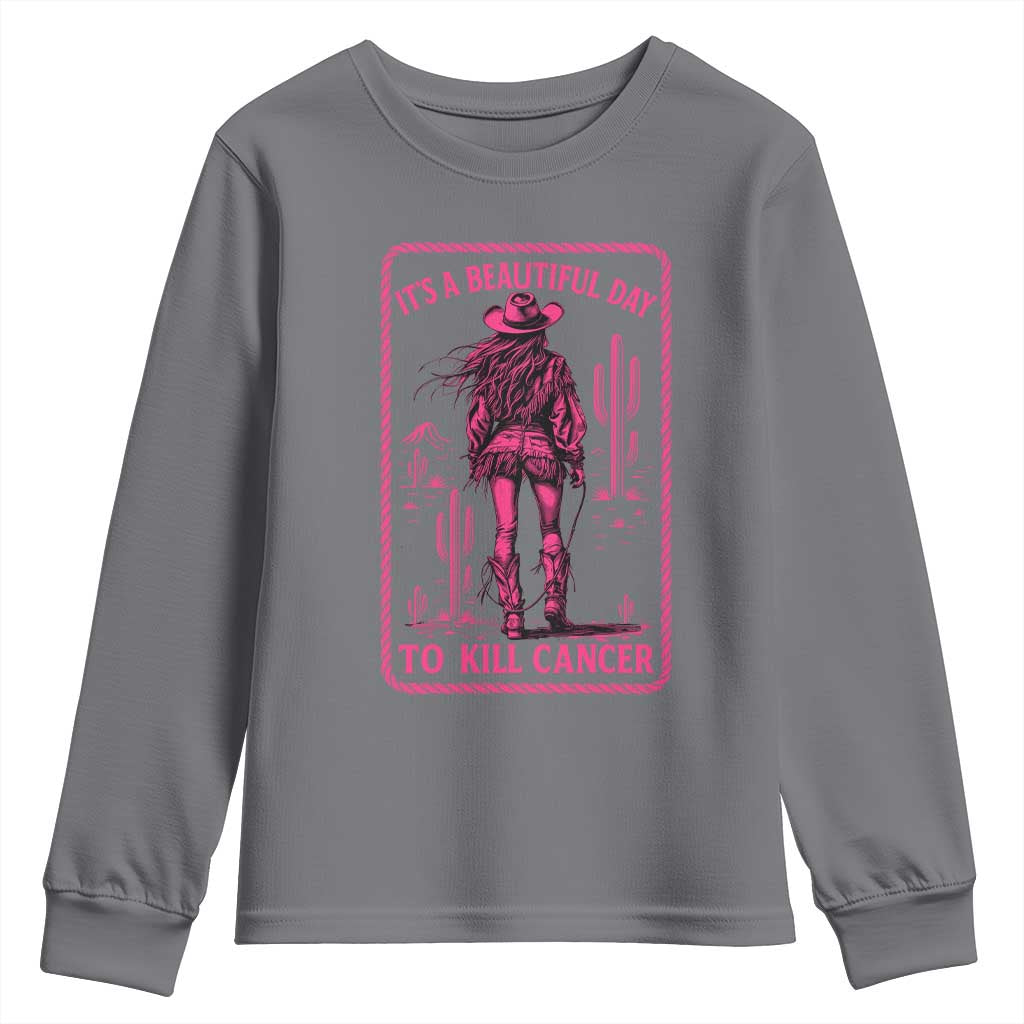 Cowgirl Breast Cancer Youth Sweatshirt Beautiful Day To Kill Cancer Vintage Western Pink - Wonder Print Shop