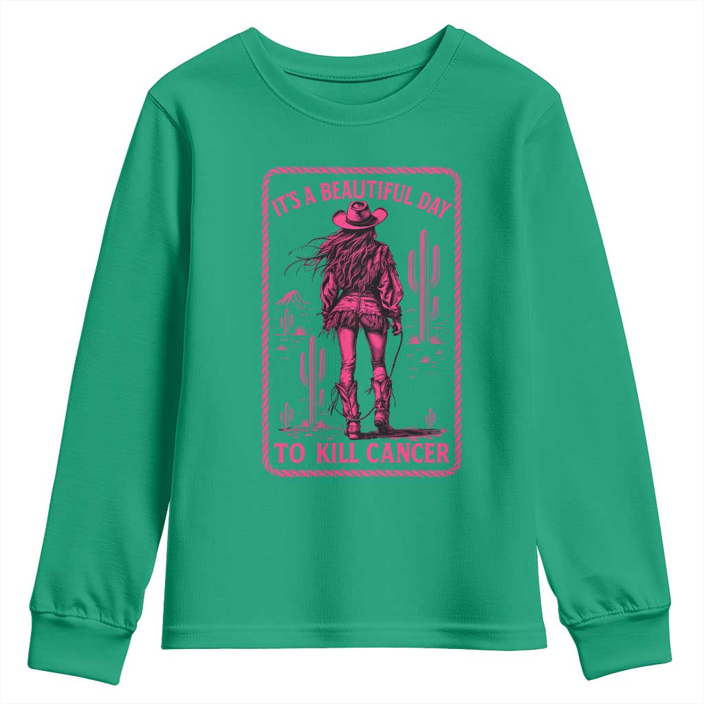 Cowgirl Breast Cancer Youth Sweatshirt Beautiful Day To Kill Cancer Vintage Western Pink - Wonder Print Shop