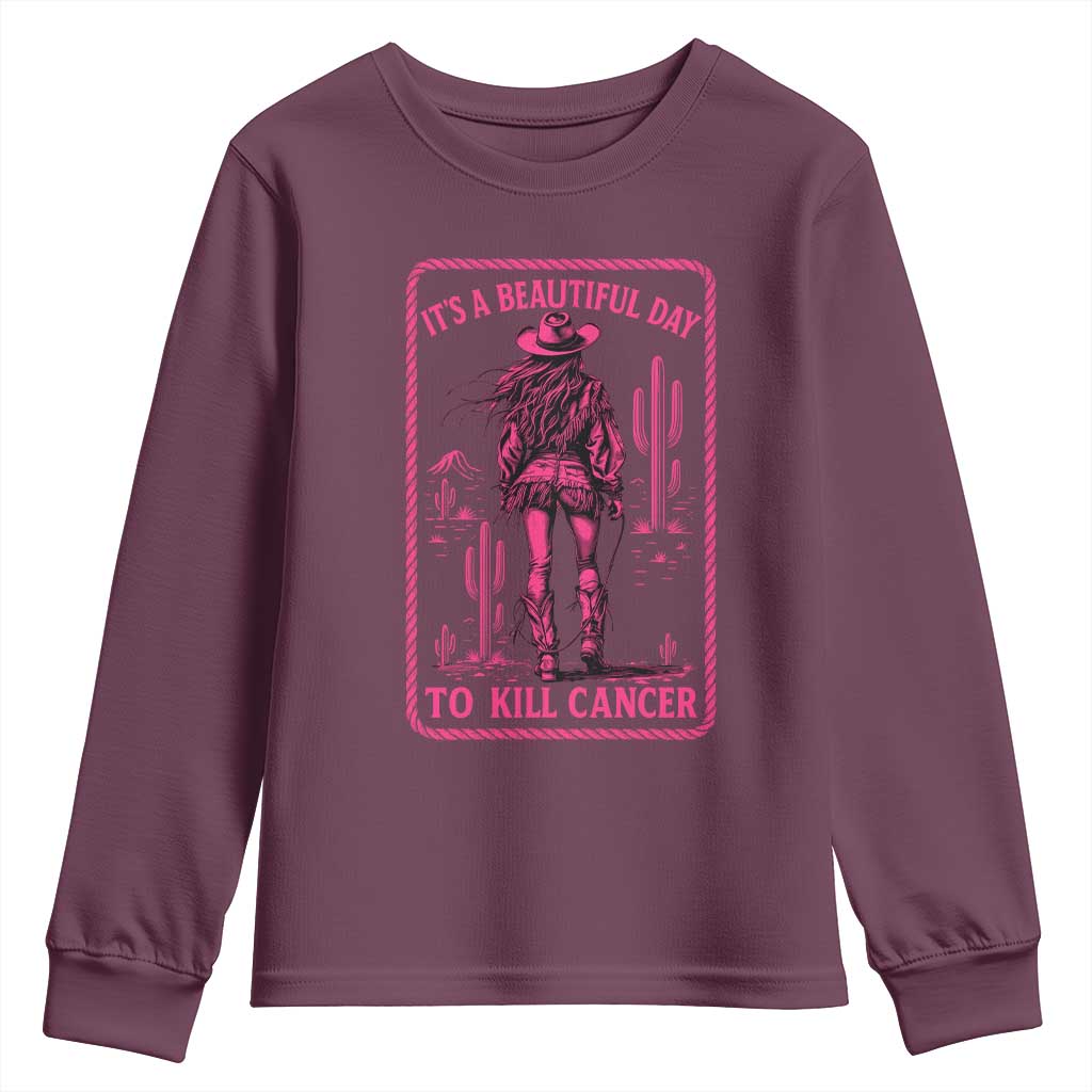 Cowgirl Breast Cancer Youth Sweatshirt Beautiful Day To Kill Cancer Vintage Western Pink - Wonder Print Shop
