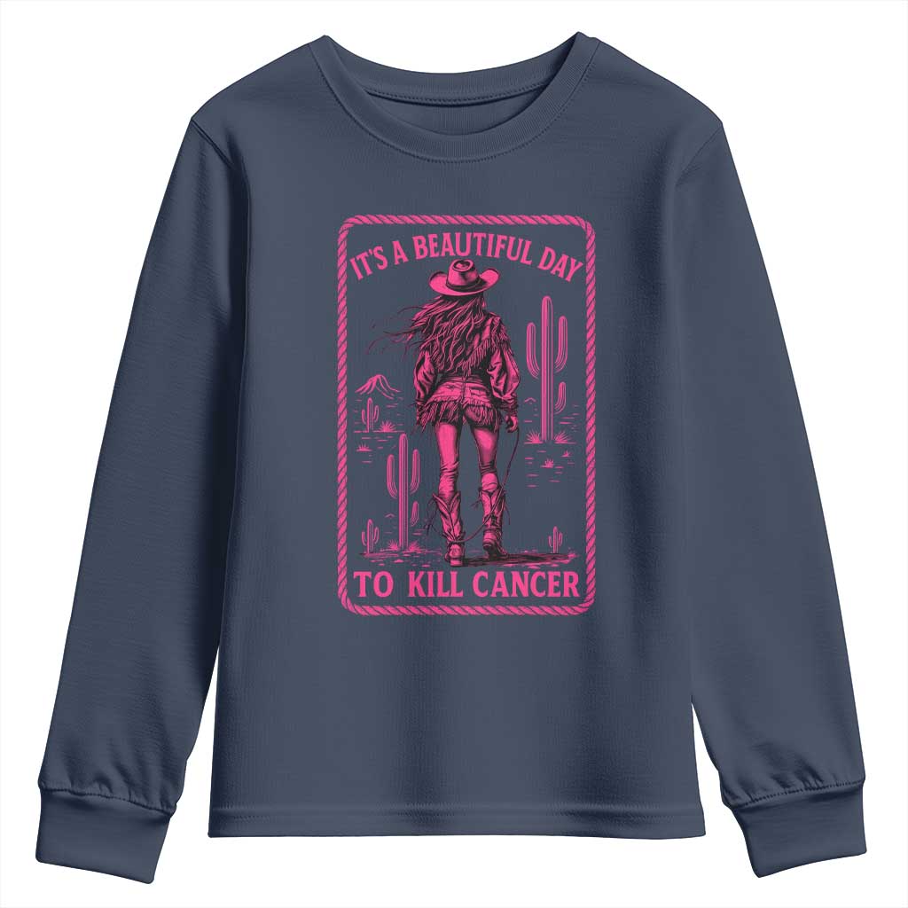 Cowgirl Breast Cancer Youth Sweatshirt Beautiful Day To Kill Cancer Vintage Western Pink - Wonder Print Shop