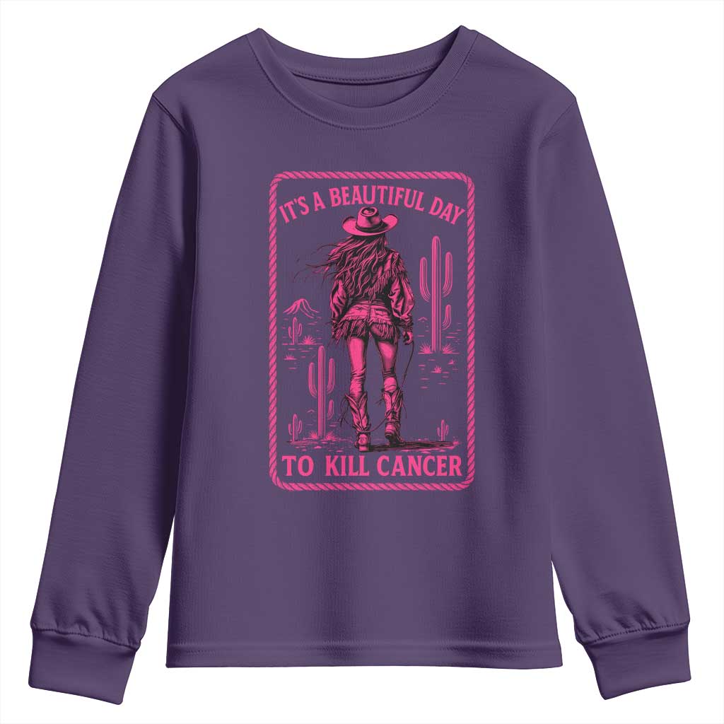 Cowgirl Breast Cancer Youth Sweatshirt Beautiful Day To Kill Cancer Vintage Western Pink - Wonder Print Shop