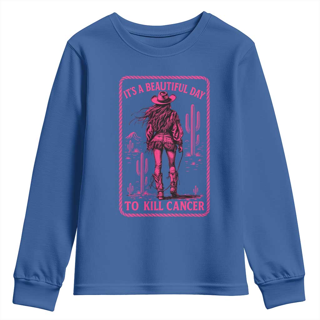 Cowgirl Breast Cancer Youth Sweatshirt Beautiful Day To Kill Cancer Vintage Western Pink - Wonder Print Shop