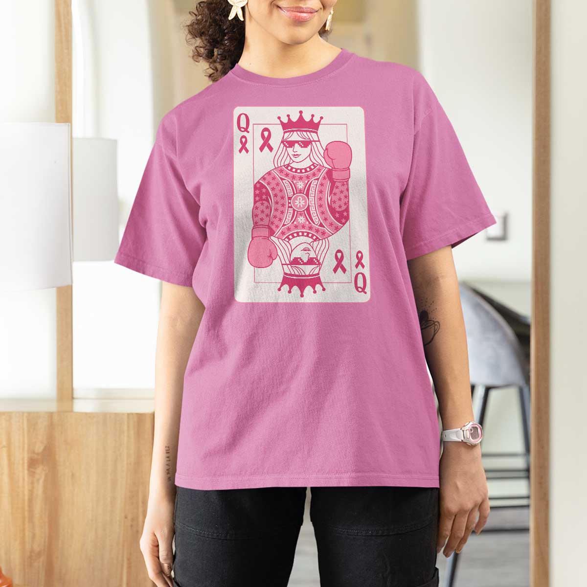 Breast Cancer Awareness T Shirt For Women Queen Of Pink Ribbon Blackjack Cards Poker - Wonder Print Shop