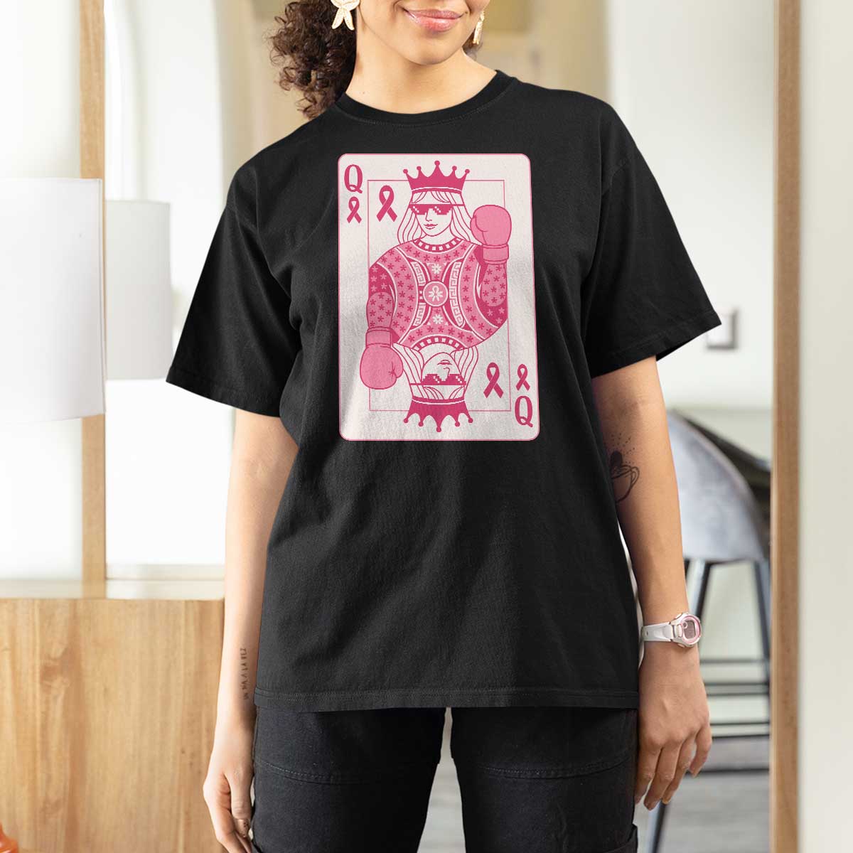 Breast Cancer Awareness T Shirt For Women Queen Of Pink Ribbon Blackjack Cards Poker - Wonder Print Shop
