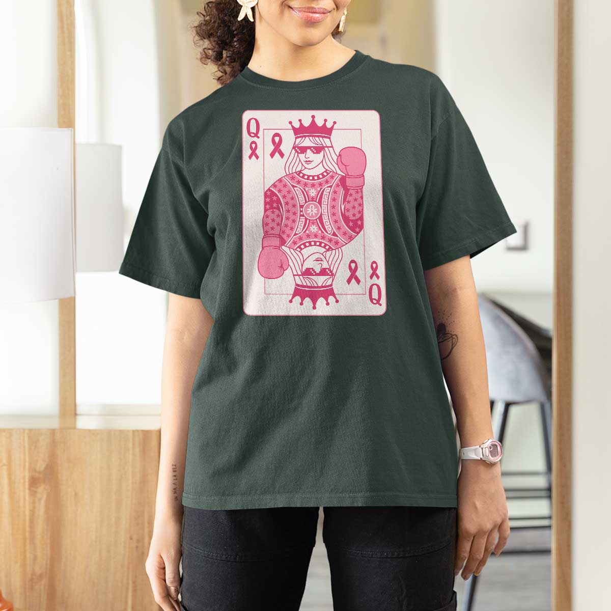 Breast Cancer Awareness T Shirt For Women Queen Of Pink Ribbon Blackjack Cards Poker - Wonder Print Shop
