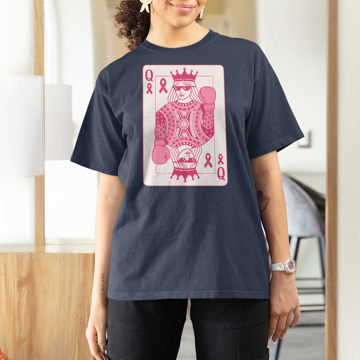 Breast Cancer Awareness T Shirt For Women Queen Of Pink Ribbon Blackjack Cards Poker - Wonder Print Shop