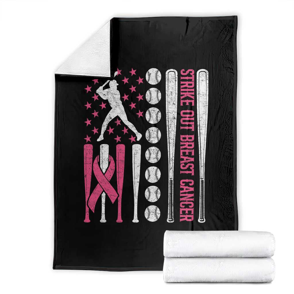 Baseball Breast Cancer Throw Blanket Pink Ribbon Strike Out Breast Cancer American Flag - Wonder Print Shop