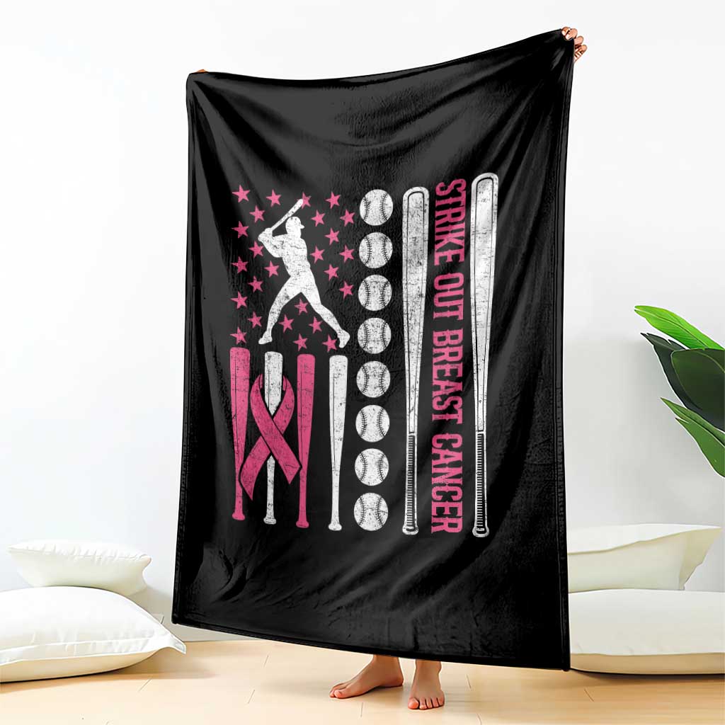 Baseball Breast Cancer Throw Blanket Pink Ribbon Strike Out Breast Cancer American Flag - Wonder Print Shop